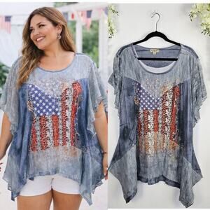 One World Plus XXL Patriotic Lace Top Hanky Hem Boho American Flag USA Beaded